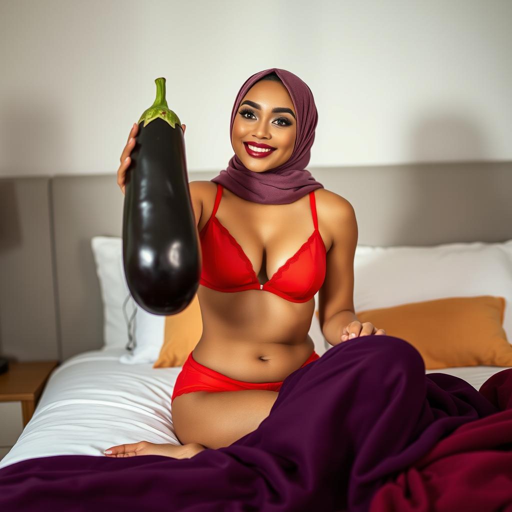 A woman wearing a stylish hijab is playfully holding an oversized eggplant while sitting on a neatly made bed