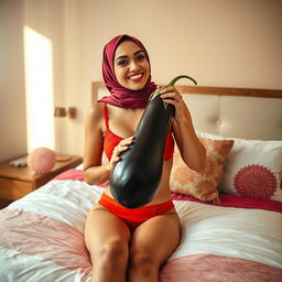 A woman wearing a stylish hijab is playfully holding an oversized eggplant while sitting on a neatly made bed