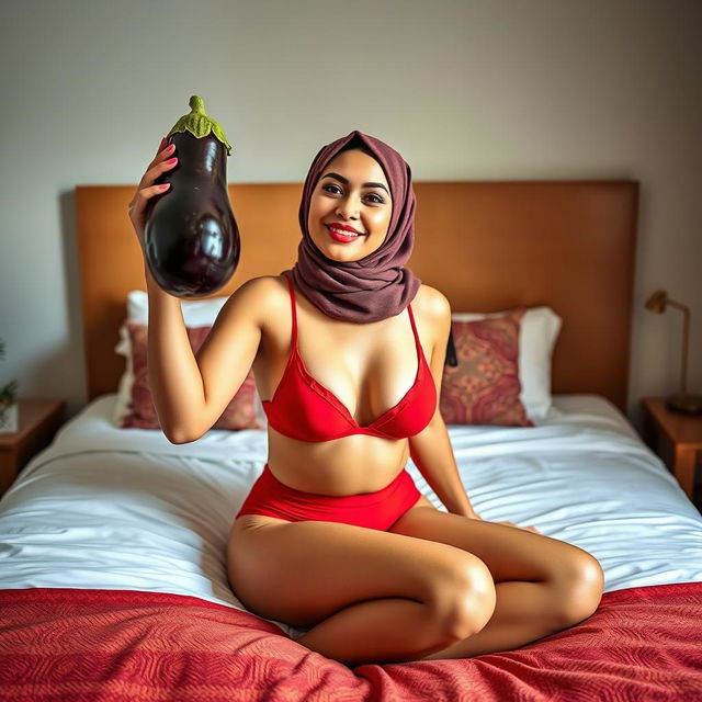 A woman wearing a stylish hijab is playfully holding an oversized eggplant while sitting on a neatly made bed