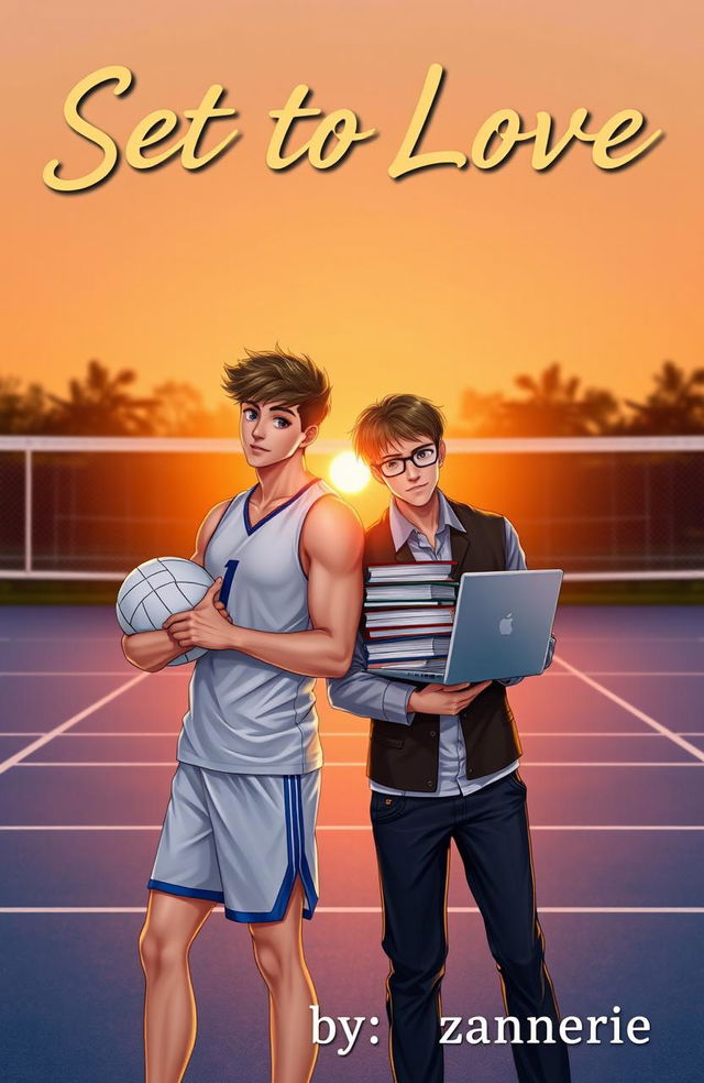 A captivating BL cover featuring two boys: one is a tall, athletic volleyball player with a toned physique, wearing a sports jersey and shorts, displaying confidence and energy as he holds a volleyball