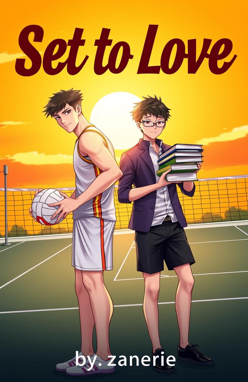 A captivating BL cover featuring two boys: one is a tall, athletic volleyball player with a toned physique, wearing a sports jersey and shorts, displaying confidence and energy as he holds a volleyball