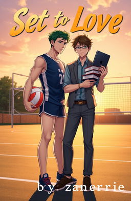 A captivating BL cover featuring two boys: one is a tall, athletic volleyball player with a toned physique, wearing a sports jersey and shorts, displaying confidence and energy as he holds a volleyball