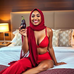 A woman wearing an elegant hijab is playfully holding a small eggplant while sitting on a stylishly made bed