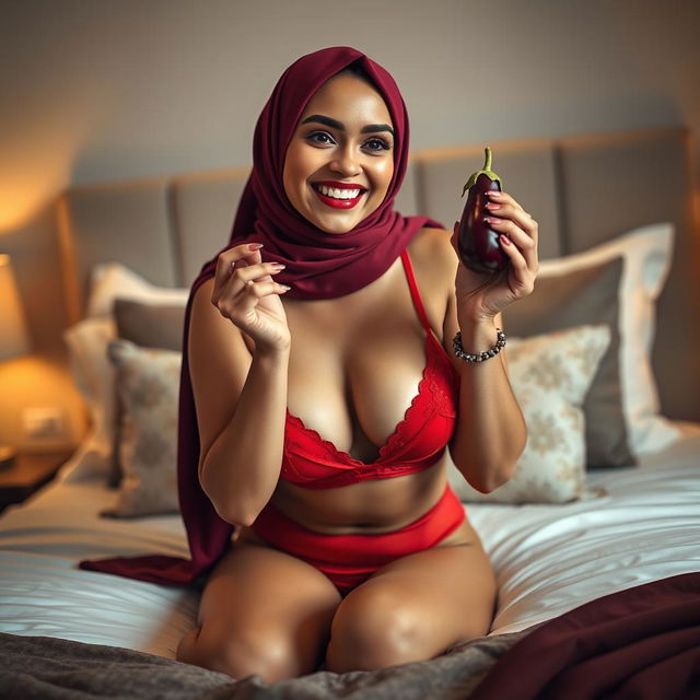 A woman wearing an elegant hijab is playfully holding a small eggplant while sitting on a stylishly made bed