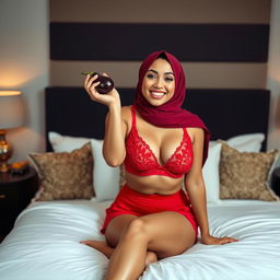 A woman wearing an elegant hijab is playfully holding a small eggplant while sitting on a stylishly made bed