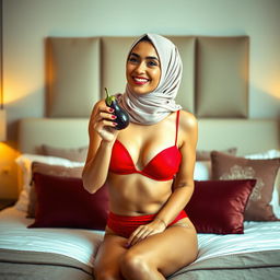 A woman wearing an elegant hijab is playfully holding a small eggplant while sitting on a stylishly made bed