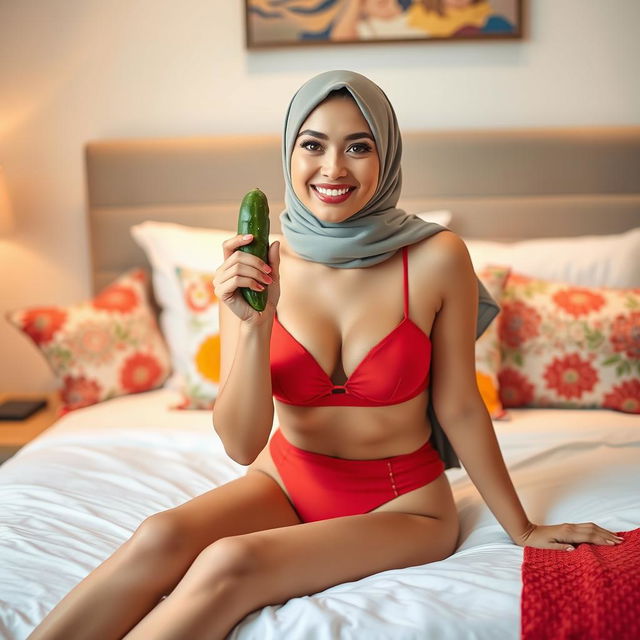 A woman wearing a stylish hijab is playfully holding a cucumber while sitting on a neatly made bed