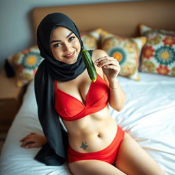 A woman wearing a stylish hijab is playfully holding a cucumber while sitting on a neatly made bed