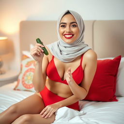 A woman wearing a stylish hijab is playfully holding a cucumber while sitting on a neatly made bed