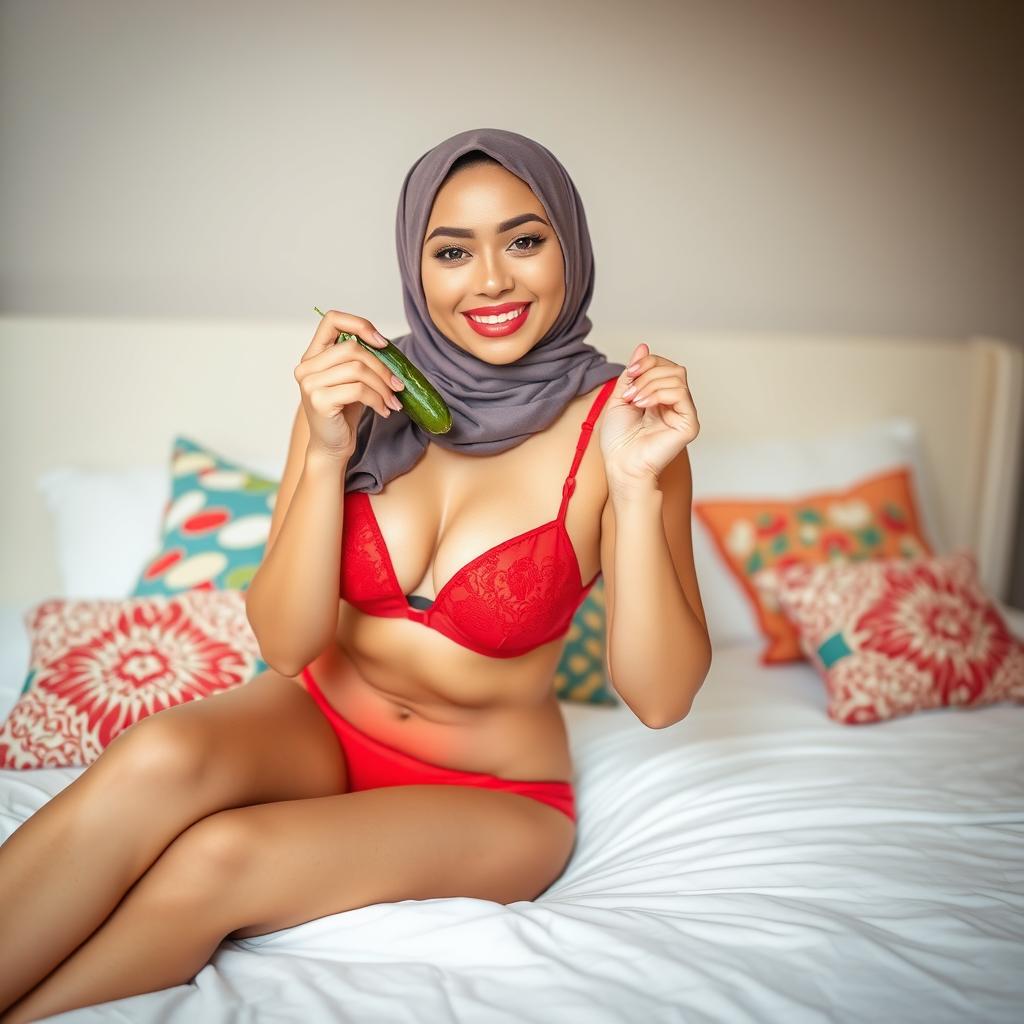 A woman wearing a stylish hijab is playfully holding a cucumber while sitting on a neatly made bed