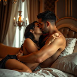 A sensual and erotic scene capturing the essence of intimacy and exploration, featuring an adult couple exploring their desires in a luxurious and romantic setting