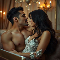 A sensual and erotic scene capturing the essence of intimacy and exploration, featuring an adult couple exploring their desires in a luxurious and romantic setting
