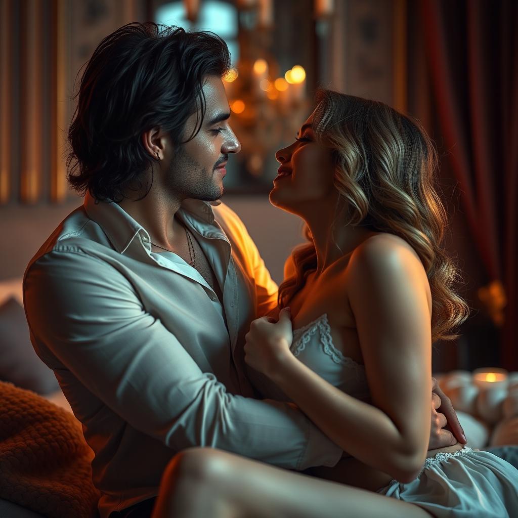 A sensual and erotic scene capturing the essence of intimacy and exploration, featuring an adult couple exploring their desires in a luxurious and romantic setting