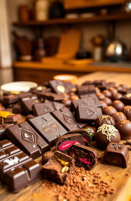 A stunning array of rich, glossy dark chocolate bars and a variety of chocolate truffles with vibrant fillings, expertly arranged on a rustic wooden table