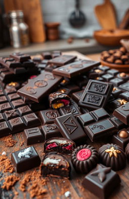A stunning array of rich, glossy dark chocolate bars and a variety of chocolate truffles with vibrant fillings, expertly arranged on a rustic wooden table