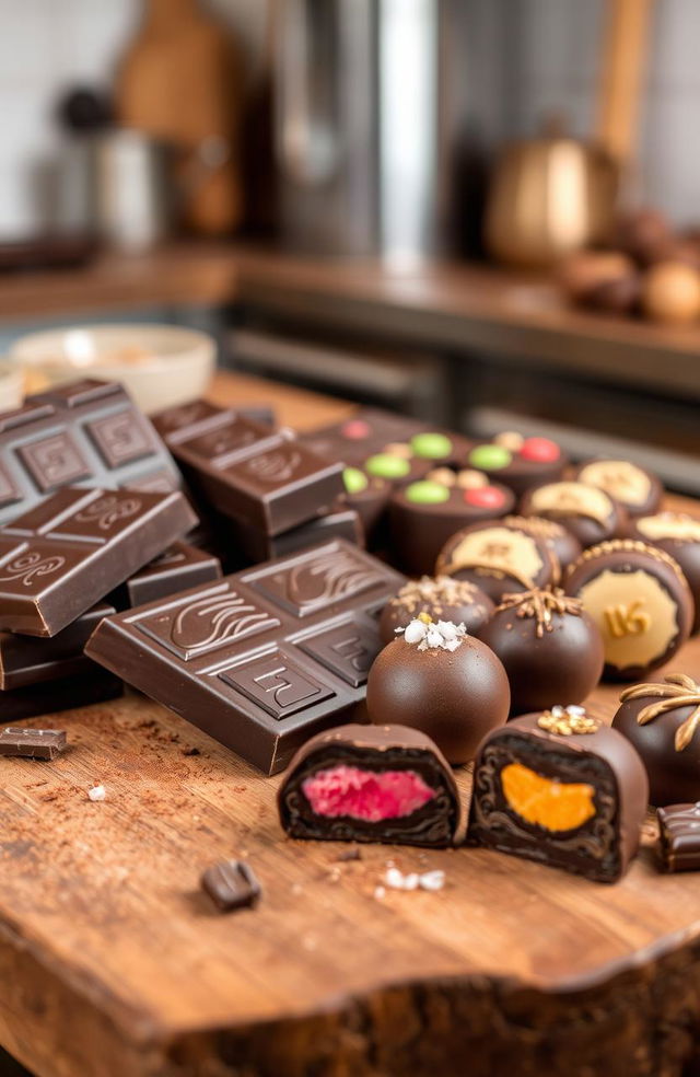 A stunning array of rich, glossy dark chocolate bars and a variety of chocolate truffles with vibrant fillings, expertly arranged on a rustic wooden table