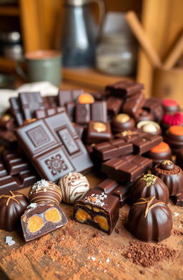 A stunning array of rich, glossy dark chocolate bars and a variety of chocolate truffles with vibrant fillings, expertly arranged on a rustic wooden table
