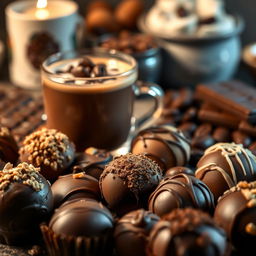 A rich, decadent scene featuring a variety of luxurious chocolates