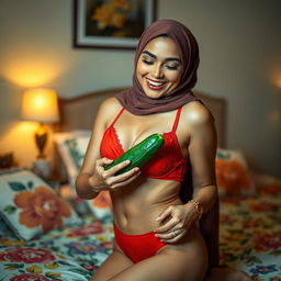 A woman in a fashionable hijab wearing a striking red bra and matching red underwear is playfully positioning a cucumber on her underwear