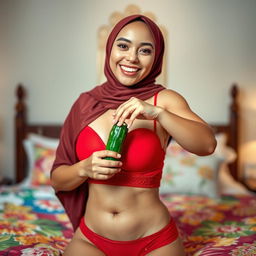 A woman in a fashionable hijab wearing a striking red bra and matching red underwear is playfully positioning a cucumber on her underwear