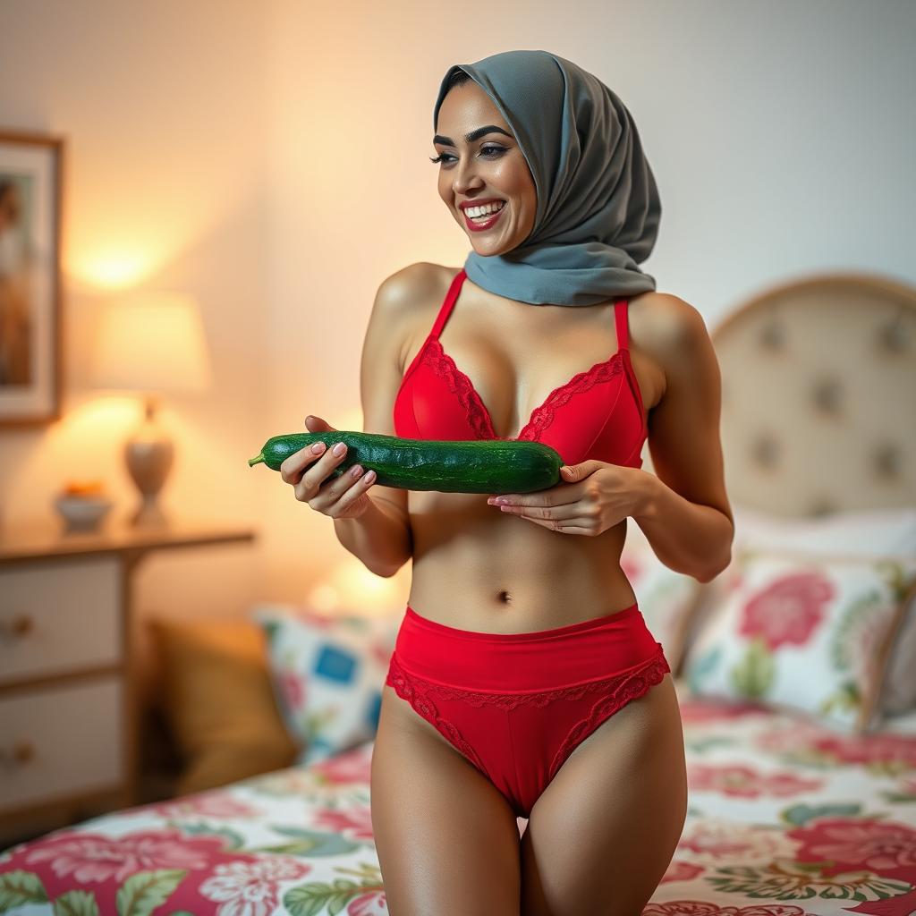 A woman in a fashionable hijab wearing a striking red bra and matching red underwear is playfully positioning a cucumber on her underwear