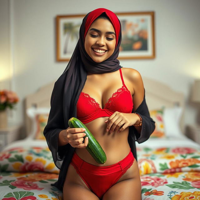 A woman in a fashionable hijab wearing a striking red bra and matching red underwear is playfully positioning a cucumber on her underwear