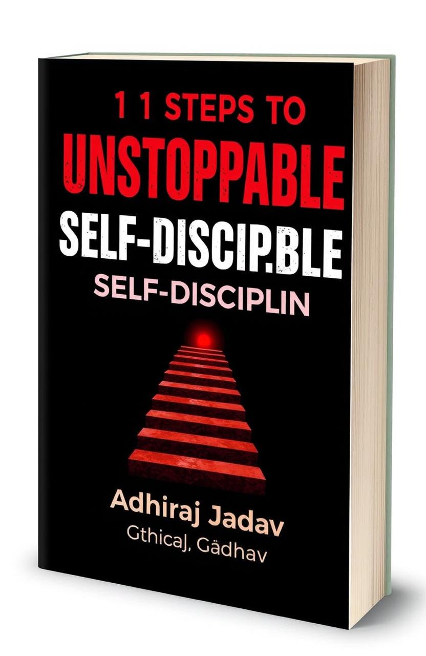 A motivational book cover for '11 Steps to Unstoppable Self-Discipline' by Adhiraj Jadhav, featuring a bold and inspiring design