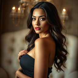 A tasteful and alluring portrait focusing on the beauty and elegance of a woman's physique, highlighting her curves and confident posture