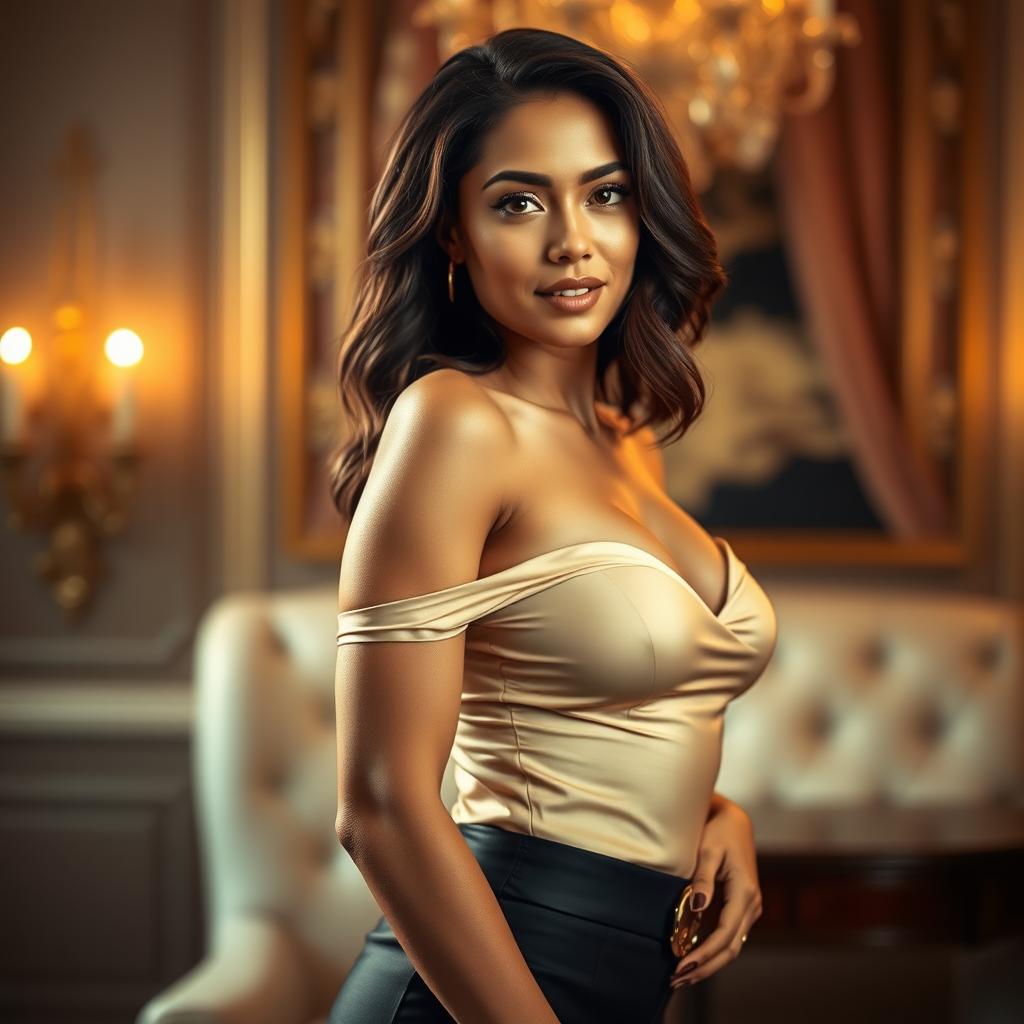 A tasteful and alluring portrait focusing on the beauty and elegance of a woman's physique, highlighting her curves and confident posture