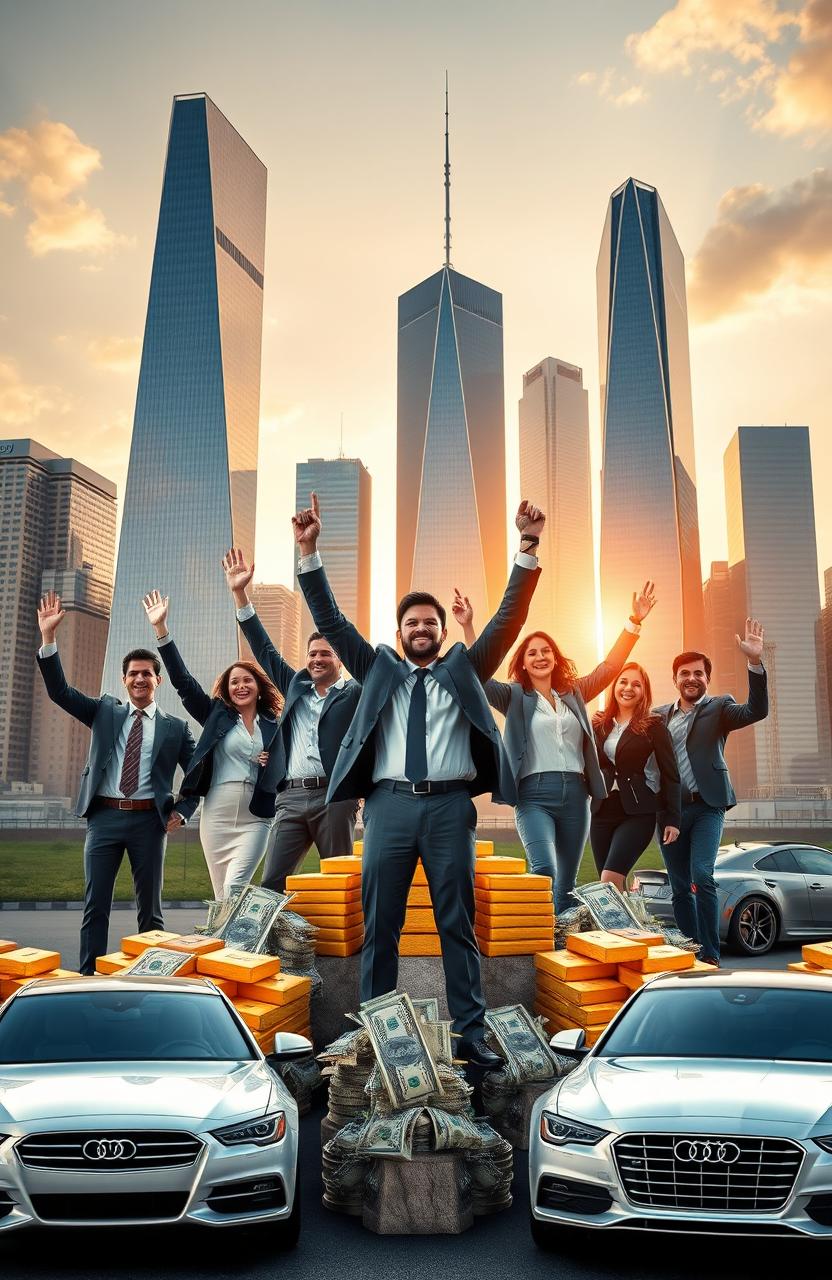 A visually stunning representation of financial success, featuring a modern city skyline with tall, gleaming skyscrapers, symbolizing wealth and prosperity