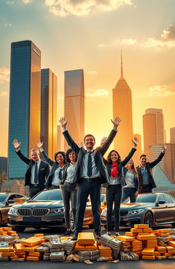 A visually stunning representation of financial success, featuring a modern city skyline with tall, gleaming skyscrapers, symbolizing wealth and prosperity