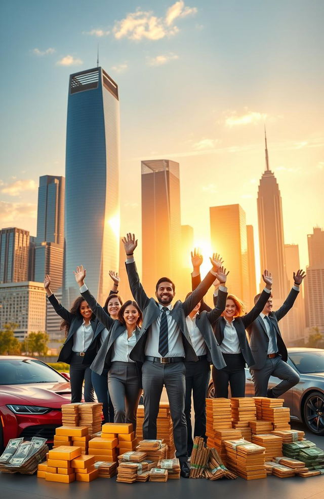 A visually stunning representation of financial success, featuring a modern city skyline with tall, gleaming skyscrapers, symbolizing wealth and prosperity