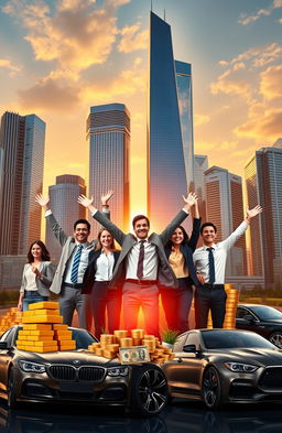 A visually stunning representation of financial success, featuring a modern city skyline with tall, gleaming skyscrapers, symbolizing wealth and prosperity