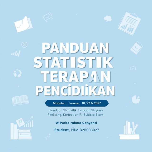 A professional cover design for a module titled 'Panduan Statistik Terapan untuk Penelitian Pendidikan' by Purbo Rahma Cahyanti, student NIM B2B023027