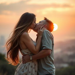 A romantic scene featuring a couple in a passionate kiss, set against a beautiful sunset backdrop