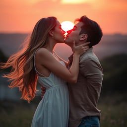 A romantic scene featuring a couple in a passionate kiss, set against a beautiful sunset backdrop