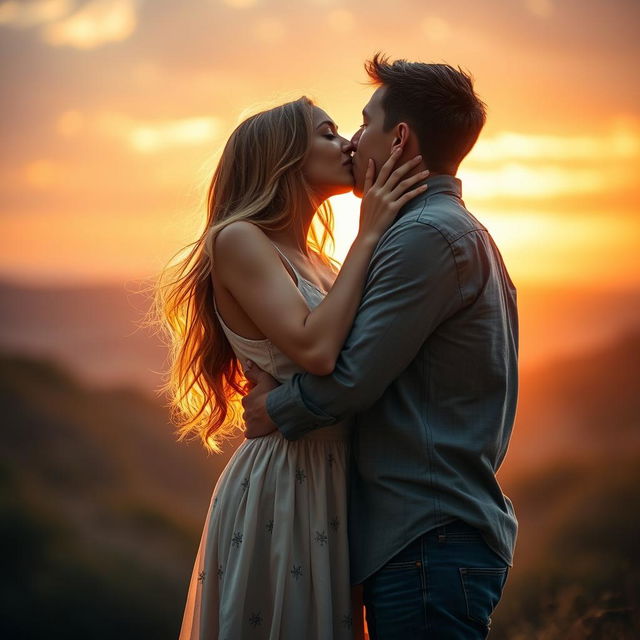 A romantic scene featuring a couple in a passionate kiss, set against a beautiful sunset backdrop