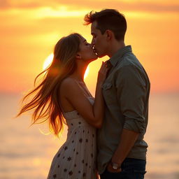 A romantic scene featuring a couple in a passionate kiss, set against a beautiful sunset backdrop