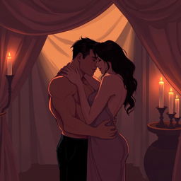 An enticing illustration featuring a sensuous couple embracing passionately in a dimly lit room, with soft shadows playing across their bodies