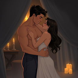 An enticing illustration featuring a sensuous couple embracing passionately in a dimly lit room, with soft shadows playing across their bodies