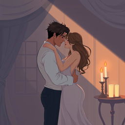 An enticing illustration featuring a sensuous couple embracing passionately in a dimly lit room, with soft shadows playing across their bodies