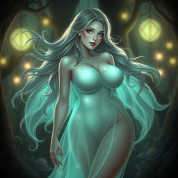 A stunning, curvaceous ghost with large breasts, embodying the essence of beauty and allure