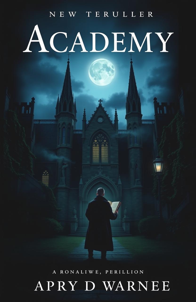 A dark academia thriller book cover featuring a mysterious, shadowy university campus at dusk, gothic architecture with towering spires and ivy-covered walls, a lone figure in a long coat standing at the entrance, holding an ancient, leather-bound book with faintly glowing pages