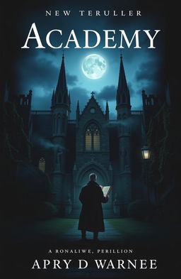 A dark academia thriller book cover featuring a mysterious, shadowy university campus at dusk, gothic architecture with towering spires and ivy-covered walls, a lone figure in a long coat standing at the entrance, holding an ancient, leather-bound book with faintly glowing pages