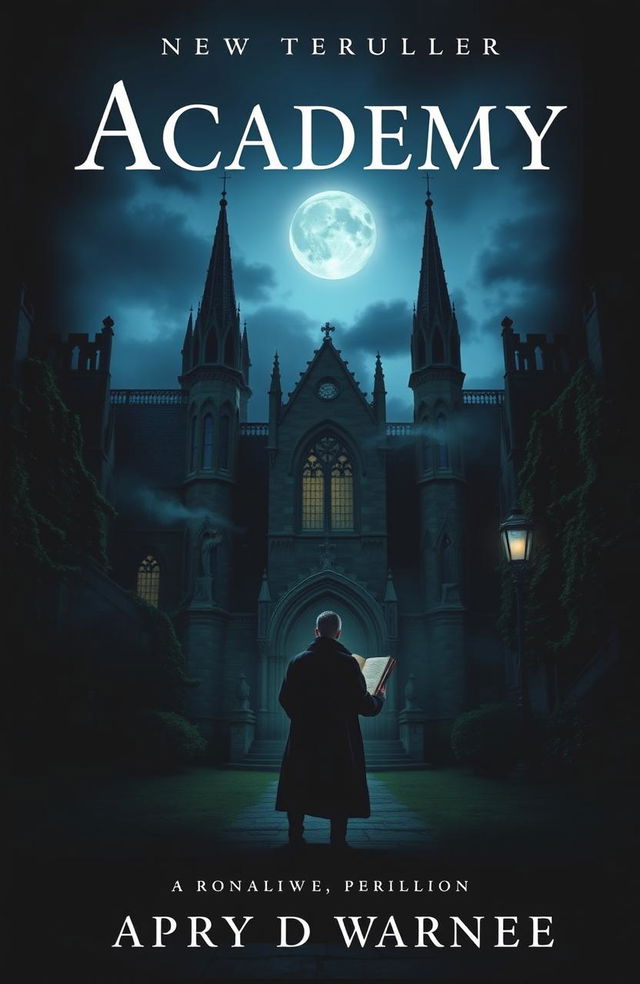 A dark academia thriller book cover featuring a mysterious, shadowy university campus at dusk, gothic architecture with towering spires and ivy-covered walls, a lone figure in a long coat standing at the entrance, holding an ancient, leather-bound book with faintly glowing pages