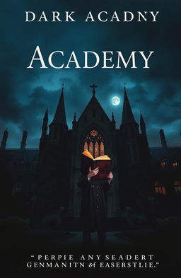 A dark academia thriller book cover featuring a mysterious, shadowy university campus at dusk, gothic architecture with towering spires and ivy-covered walls, a lone figure in a long coat standing at the entrance, holding an ancient, leather-bound book with faintly glowing pages
