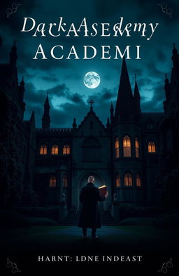 A dark academia thriller book cover featuring a mysterious, shadowy university campus at dusk, gothic architecture with towering spires and ivy-covered walls, a lone figure in a long coat standing at the entrance, holding an ancient, leather-bound book with faintly glowing pages
