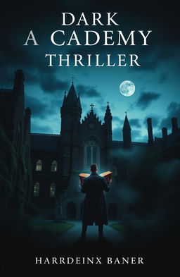 A dark academia thriller book cover featuring a mysterious, shadowy university campus at dusk, gothic architecture with towering spires and ivy-covered walls, a lone figure in a long coat standing at the entrance, holding an ancient, leather-bound book with faintly glowing pages