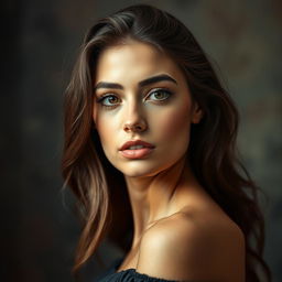 A portrait of a young woman with features resembling a famous actress, exuding elegance and confidence, set against a dramatic and artsy backdrop with soft lighting