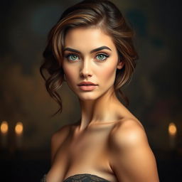 A portrait of a young woman with features resembling a famous actress, exuding elegance and confidence, set against a dramatic and artsy backdrop with soft lighting